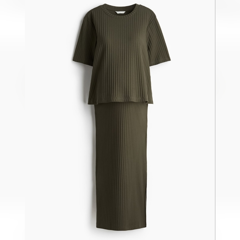 Olive Green Ribbed Two-Piece Set